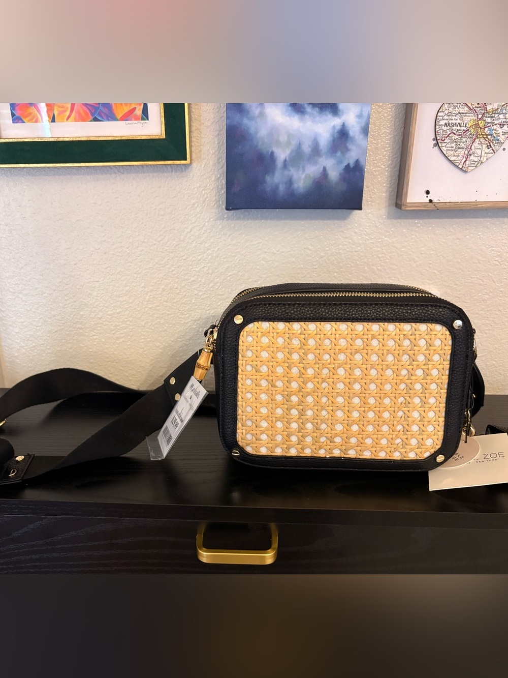 Rachel Zoe Black Crossbody with Woven Natural Front